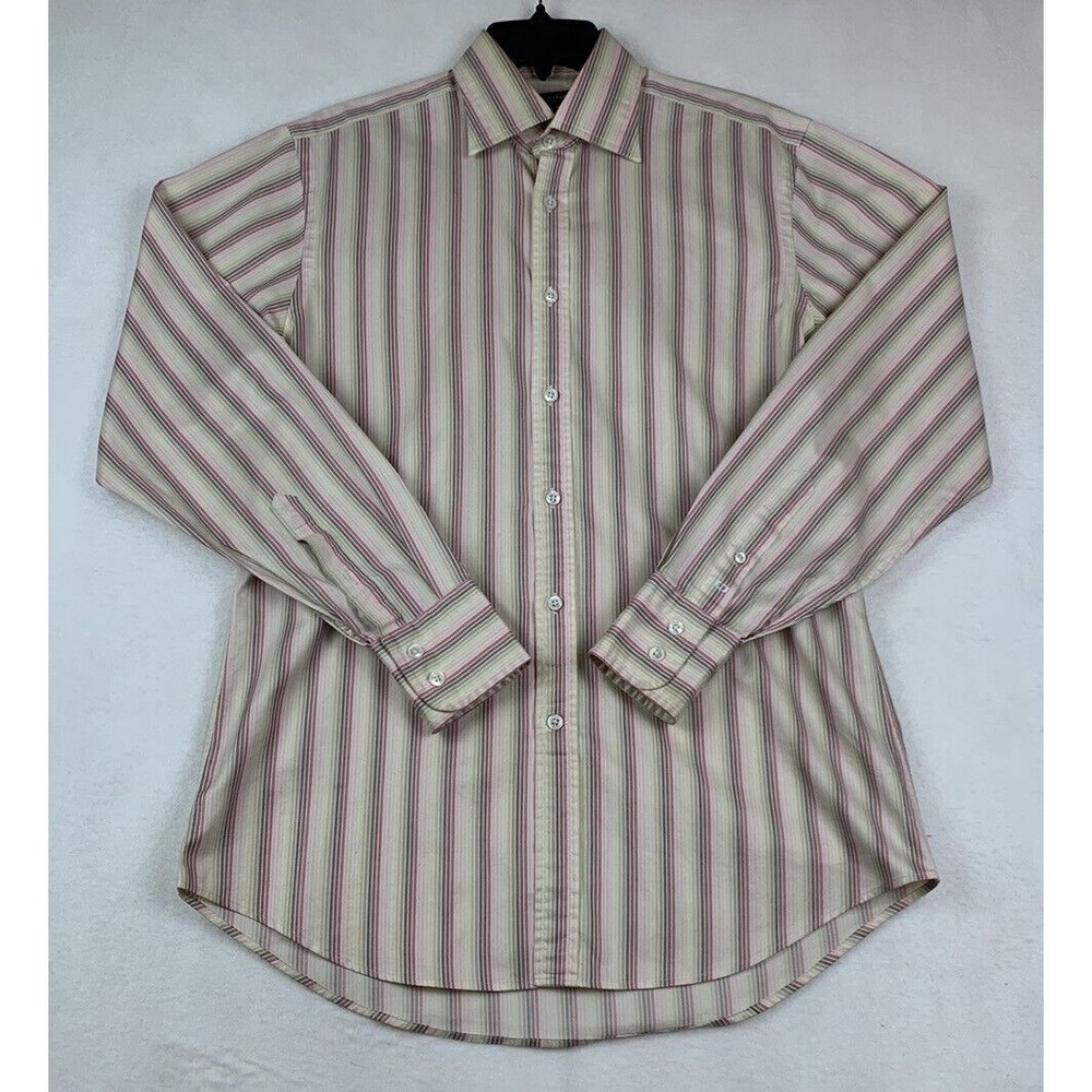 GIEVES AND HAWKES Shirt Mens 15.5” 39cm Button Up Dress Tan Pink Striped